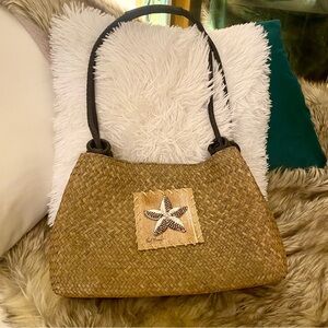 Starfish Embellished Woven Tote Bag - Tan w/ brown leather and wood